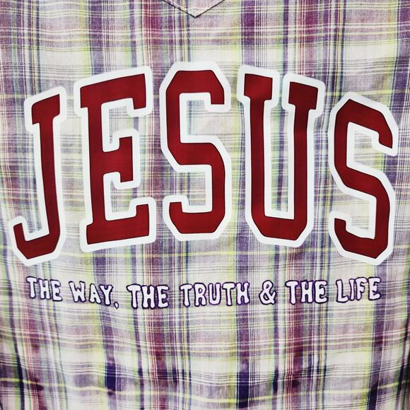 Jesus The Way The Truth The Life Upcycled Plaid Snap Button Western Shirt, XL - Picture 2 of 6